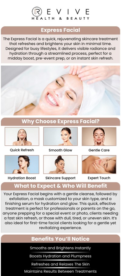 Common questions asked by clients: What is included in an express facial? How long does an express facial take? What are the main benefits of an express facial? Will my skin look different right after the facial? For more information, contact us or schedule an appointment online. We are conveniently located at 123 ABC Ave Suite A, Los Altos, CA 123456.